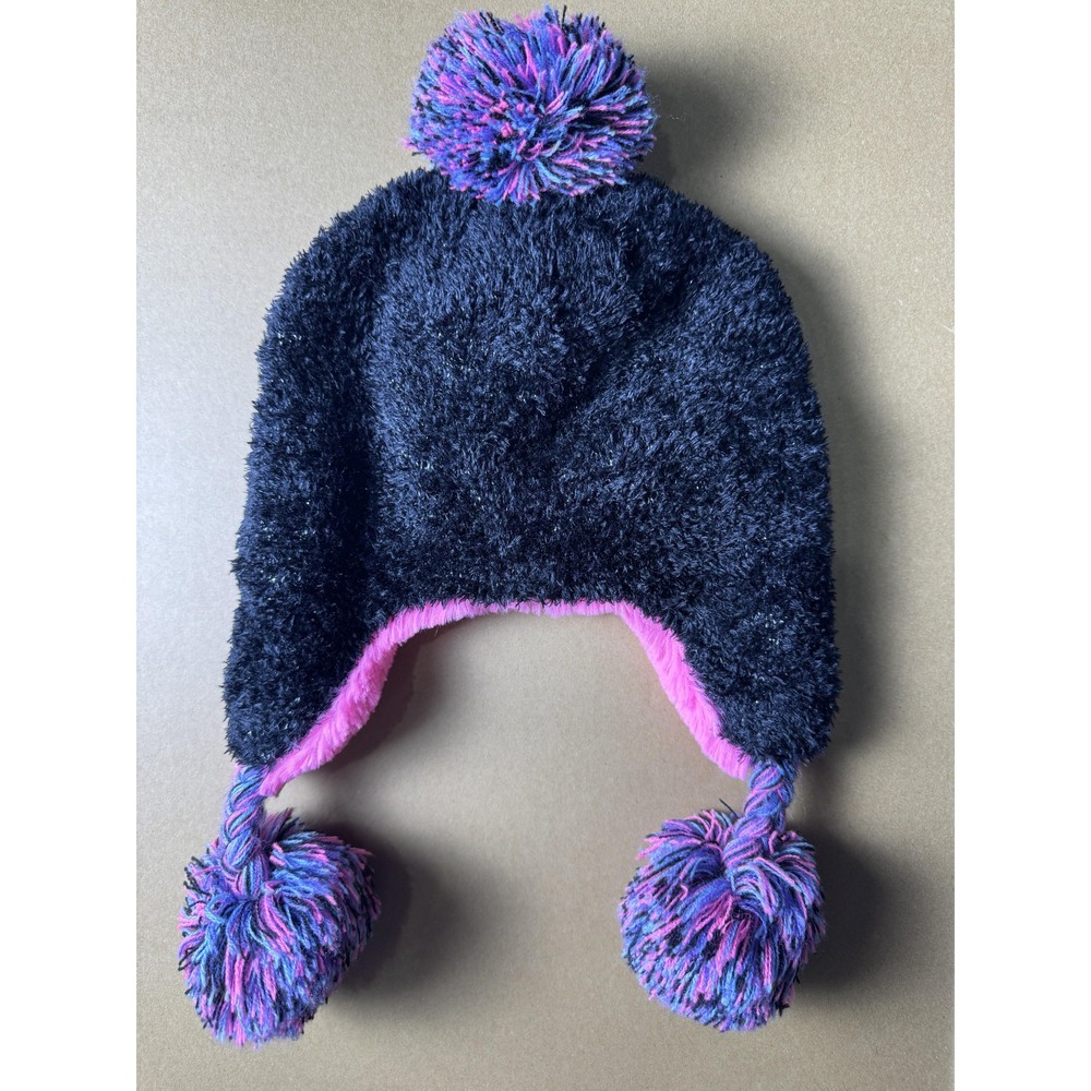 Penguin Hat Beanie Earflap Youth S/M Black Pink Fuzzy Winter Pom Pom Capelli‎ - Picture 2 of 6